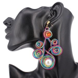 MULTI COLOR AND FAUX PEARL COIL PIERCED EARRINGS